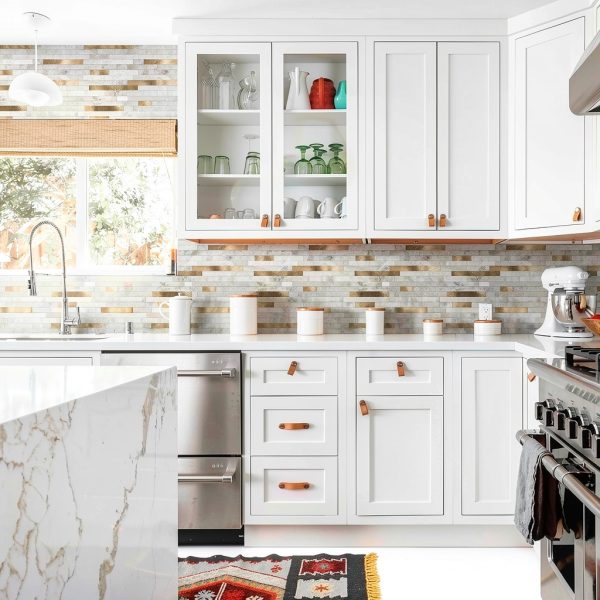 KASARO Peel and Stick Marble Tiles, Self-Adhesive Aluminum Wall Tile Stick on Bathroom, Fireplace, RV, Marble Beige with Vintage Golden Embellished Stripes, 10-Sheet-3