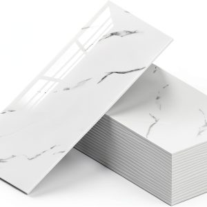WADILE 23.6"x11.8" Waterproof Marble Peel and Stick Wall Panels Marble Tile PVC Backsplash Tiles for Kitchen, Bathroom, Living Room, Bedroom 20 Pack White-0