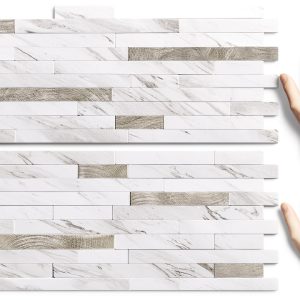 STICKGOO 20 Sheets Peel and Stick Backsplash Tile, Stick on Backsplash for Kitchen and Bathroom, White Marble Look PVC Mixed Metal Silver Self Adhesive Wall Tiles-0